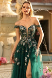 Dark Green Off the Shoulder Appliqued Corset A Line Long Sequin Long Prom Dress