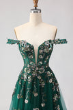 Off The Shoulder Dark Green A Line Corset Long Long Prom Dress with Sequins