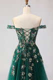 Off The Shoulder Dark Green A Line Corset Long Long Prom Dress with Sequins