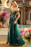 Dark Green Off the Shoulder Appliqued Corset A Line Long Sequin Long Prom Dress