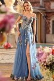 Navy A-Line Off The Shoulder Sequins Lace Up Back Long Prom Dress with Slit