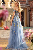 Navy A-Line Off The Shoulder Sequins Lace Up Back Long Prom Dress with Slit