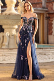 Navy A-Line Off The Shoulder Sequins Lace Up Back Long Prom Dress with Slit