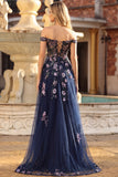 Navy A-Line Off The Shoulder Sequins Lace Up Back Long Prom Dress with Slit