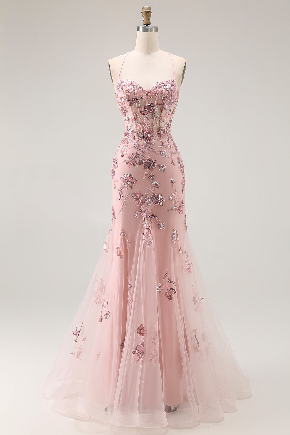 Zapaka Women Blush Long Plus Size Prom Dress with Sequins Mermaid Spaghetti Straps Sheer Corset Wedding Party Dress with Lace Up Back, Blush / US24W Zapaka Women Blush Long Plus Size Prom Dress with Sequins Mermaid Spaghetti Straps Sheer Corset Wedding Party Dress with Lace Up Back, Blush / US24W