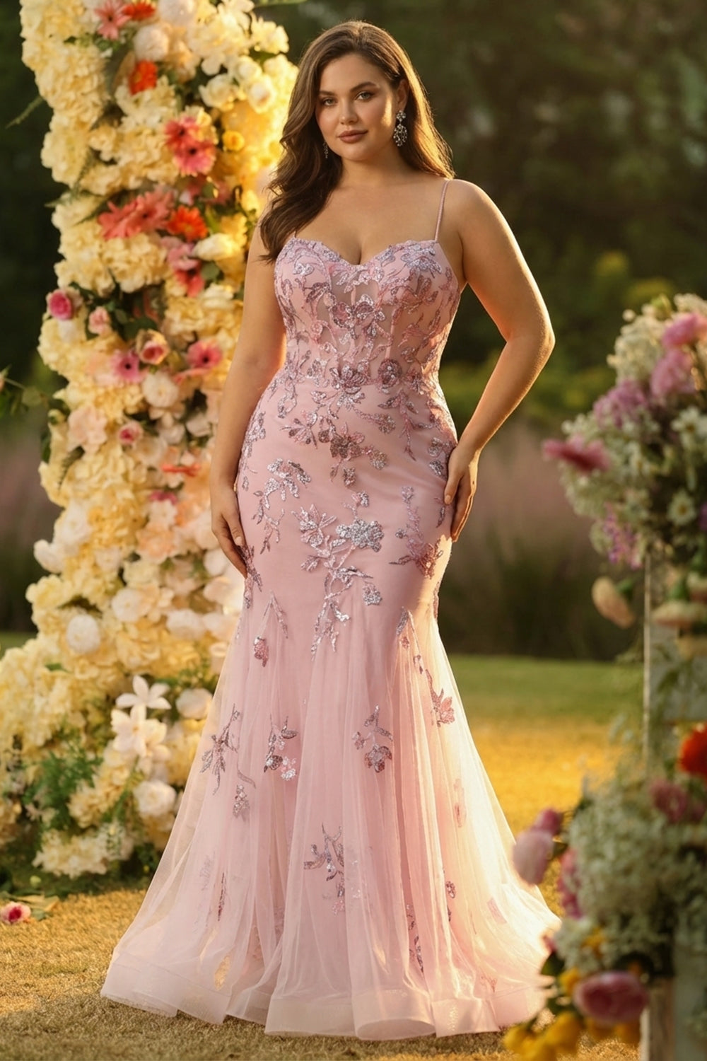 Zapaka Women Blush Long Plus Size Prom Dress with Sequins Mermaid Spaghetti Straps Sheer Corset Wedding Party Dress with Lace Up Back, Blush / US24W Zapaka Women Blush Long Plus Size Prom Dress with Sequins Mermaid Spaghetti Straps Sheer Corset Wedding Party Dress with Lace Up Back, Blush / US24W