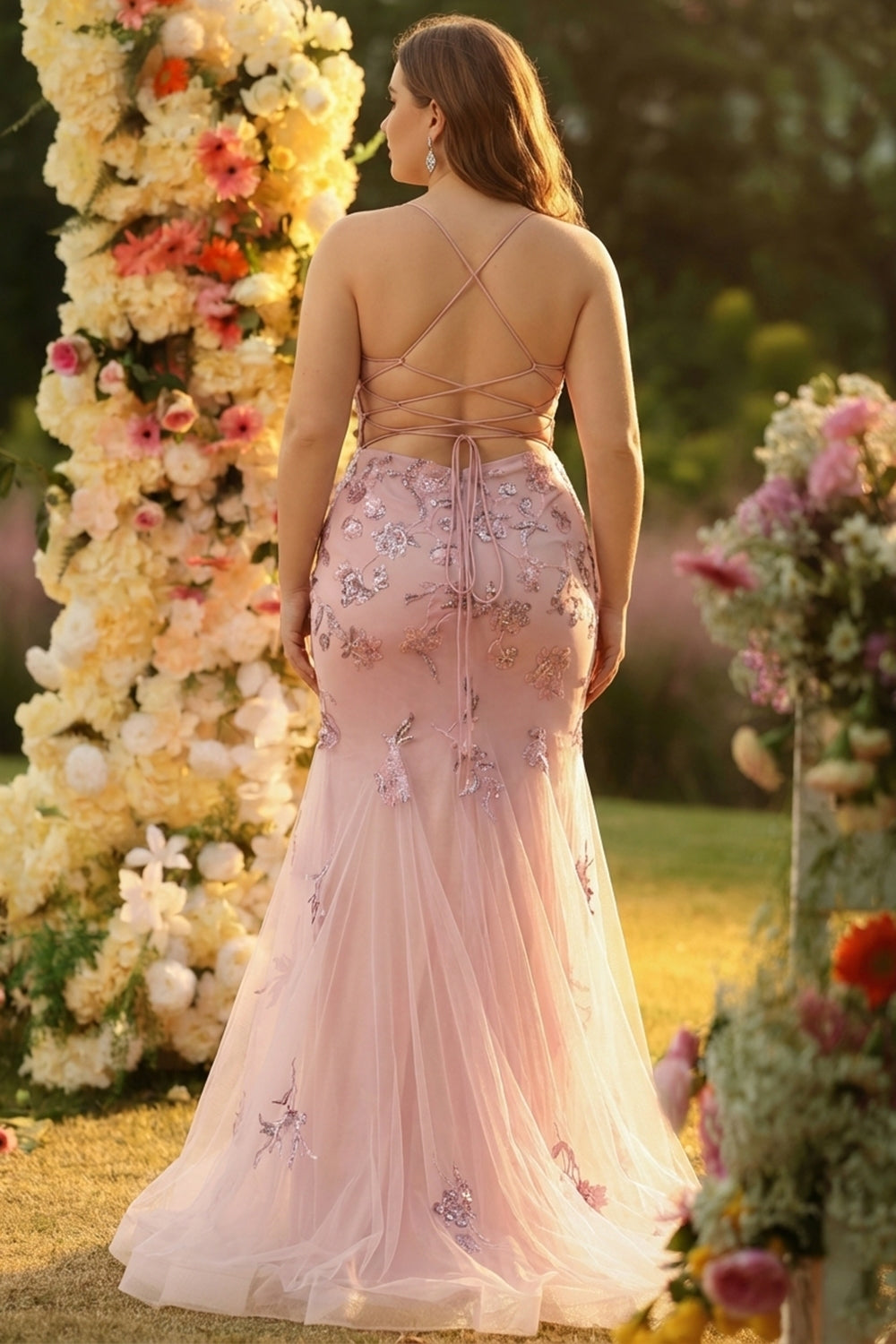 Zapaka Women Blush Long Plus Size Prom Dress with Sequins Mermaid Spaghetti Straps Sheer Corset Wedding Party Dress with Lace Up Back, Blush / US24W Zapaka Women Blush Long Plus Size Prom Dress with Sequins Mermaid Spaghetti Straps Sheer Corset Wedding Party Dress with Lace Up Back, Blush / US24W