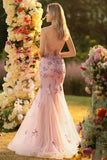 Blush Mermaid Corset Appliqued Long Prom Dress with Beading