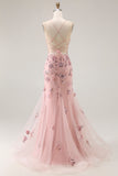 Blush Mermaid Corset Appliqued Long Prom Dress with Beading