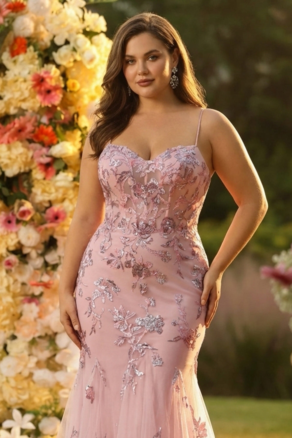 Zapaka Women Blush Long Plus Size Prom Dress with Sequins Mermaid Spaghetti Straps Sheer Corset Wedding Party Dress with Lace Up Back, Blush / US24W Zapaka Women Blush Long Plus Size Prom Dress with Sequins Mermaid Spaghetti Straps Sheer Corset Wedding Party Dress with Lace Up Back, Blush / US24W