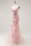 Blush Mermaid Corset Appliqued Long Prom Dress with Beading