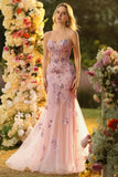 Blush Mermaid Sequins Sheer Corset Beaded Long Prom Dress with Lace Up Back