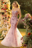 Blush Mermaid Sequins Sheer Corset Beaded Long Prom Dress with Lace Up Back