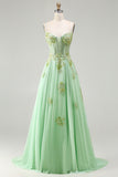 Green A Line Beaded Corset Sequin Appliqued Long Prom Dress