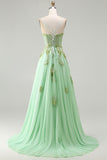 Green A Line Beaded Corset Sequin Appliqued Long Prom Dress