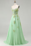Green A Line Beaded Corset Sequin Appliqued Long Prom Dress