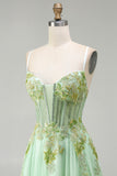 Green A Line Beaded Corset Sequin Appliqued Long Prom Dress