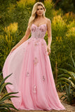 A Line Corset Beaded Sequins Appliqued Long Pink Prom Dress with Lace Up Back