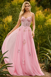 Pink Beaded A Line Corset Sequin Long Prom Dress with Lace Up Back