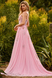 A Line Corset Beaded Sequins Appliqued Long Pink Prom Dress with Lace Up Back