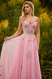 Pink Beaded A Line Corset Sequin Long Prom Dress with Lace Up Back