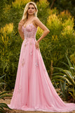 Pink Beaded A Line Corset Sequin Long Prom Dress with Lace Up Back