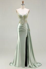 Green Mermaid Beaded Corset Appliqued Satin Long Prom Dress with Slit