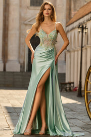 Green Mermaid Beaded Corset Satin Long Prom Dress with Side Drape