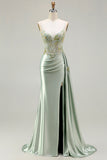 Green Mermaid Beaded Corset Appliqued Satin Long Prom Dress with Slit