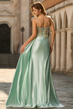 Green Mermaid Beaded Corset Satin Long Prom Dress with Side Drape