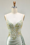 Green Mermaid Beaded Corset Appliqued Satin Long Prom Dress with Slit