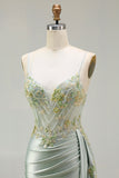 Green Mermaid Beaded Corset Appliqued Satin Long Prom Dress with Slit