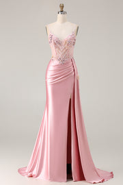 Pink Mermaid Beaded Corset Appliqued Satin Long Prom Dress with Slit