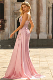 Pink Mermaid Beaded Corset Appliqued Satin Long Prom Dress with Slit