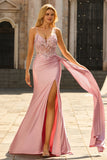 Pink Mermaid Beaded Corset Appliqued Satin Long Prom Dress with Slit