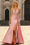 Pink Mermaid Beaded Corset Appliqued Satin Long Prom Dress with Slit