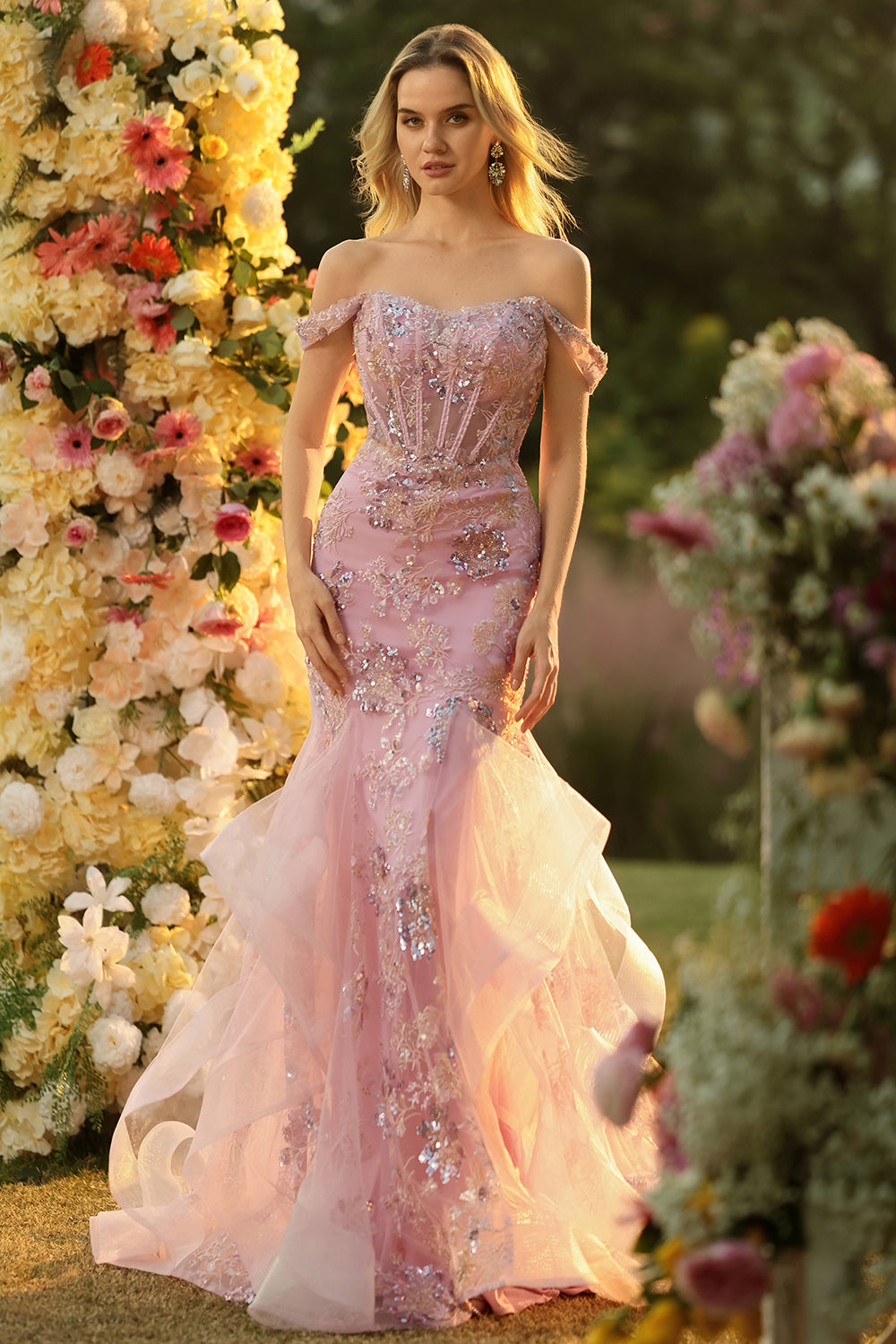 Zapaka Women Blush Off the Shoulder Long Prom Dress Mermaid Beaded Corset Appliqued Party Dress with Ruffles, Blush / US10 Zapaka Women Blush Off the Shoulder Long Prom Dress Mermaid Beaded Corset Appliqued Party Dress with Ruffles, Blush / US10