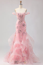 Off the Shoulder Blush Mermaid Beaded Corset Long Prom Dress with Ruffles