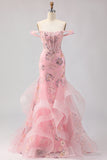 Off the Shoulder Blush Mermaid Beaded Corset Long Prom Dress with Ruffles