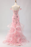 Off the Shoulder Blush Mermaid Beaded Corset Long Prom Dress with Ruffles