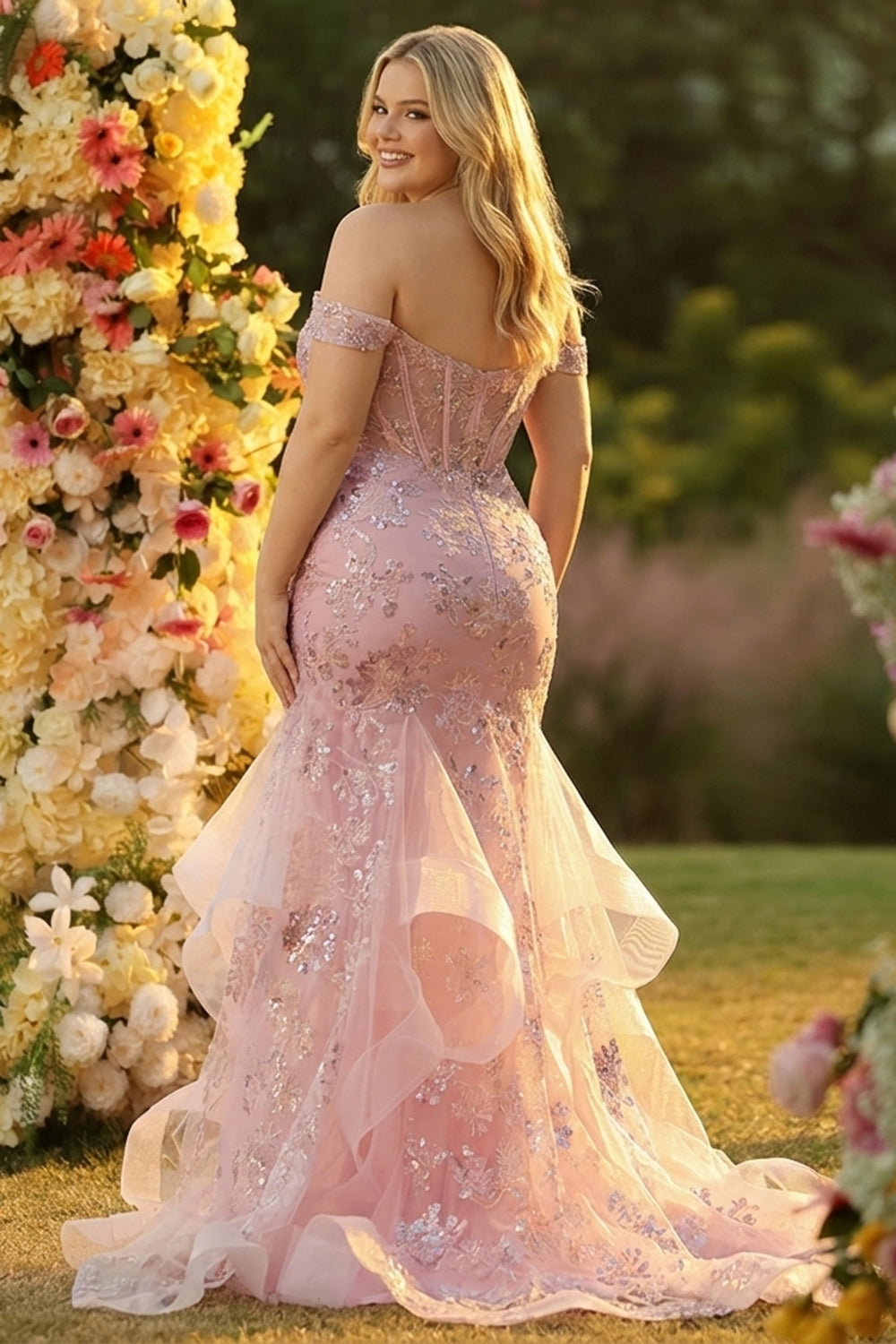 Zapaka Women Blush Mermaid Long Plus Size Prom Dress Off the Shoulder Beaded Corset Appliqued Party Dress with Ruffles ZAPAKA Zapaka Women Blush Mermaid Long Plus Size Prom Dress Off the Shoulder Beaded Corset Appliqued Party Dress with Ruffles ZAPAKA