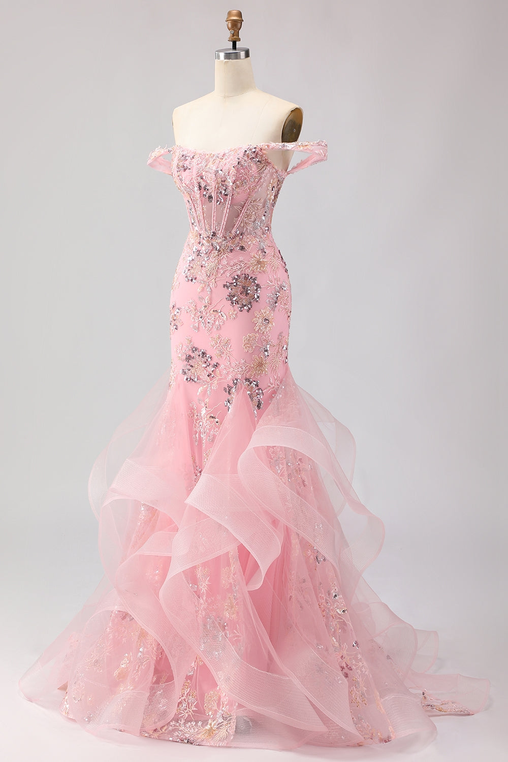 Off the Shoulder Blush Mermaid Beaded Corset Long Plus Size Prom Dress with Ruffles Off the Shoulder Blush Mermaid Beaded Corset Long Plus Size Prom Dress with Ruffles