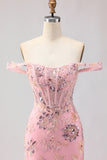 Off the Shoulder Blush Mermaid Beaded Corset Long Prom Dress with Ruffles