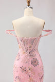 Off the Shoulder Blush Mermaid Beaded Corset Long Prom Dress with Ruffles