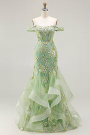 Off the Shoulder Green Mermaid Beaded Appliqued Corset Long Prom Dress with Ruffles