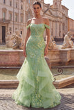 Off the Shoulder Green Mermaid Beaded Appliqued Corset Long Prom Dress with Ruffles