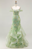 Off the Shoulder Green Mermaid Beaded Appliqued Corset Long Prom Dress with Ruffles