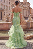 Off the Shoulder Green Mermaid Beaded Appliqued Corset Long Prom Dress with Ruffles
