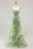 Off the Shoulder Green Mermaid Beaded Appliqued Corset Long Prom Dress with Ruffles