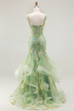 Off the Shoulder Green Mermaid Beaded Appliqued Corset Long Prom Dress with Ruffles